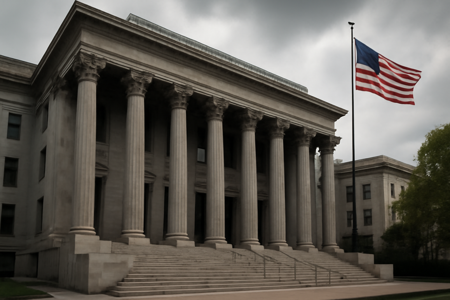 Exterior of a federal courthouse with an American flag against a cloudy sky