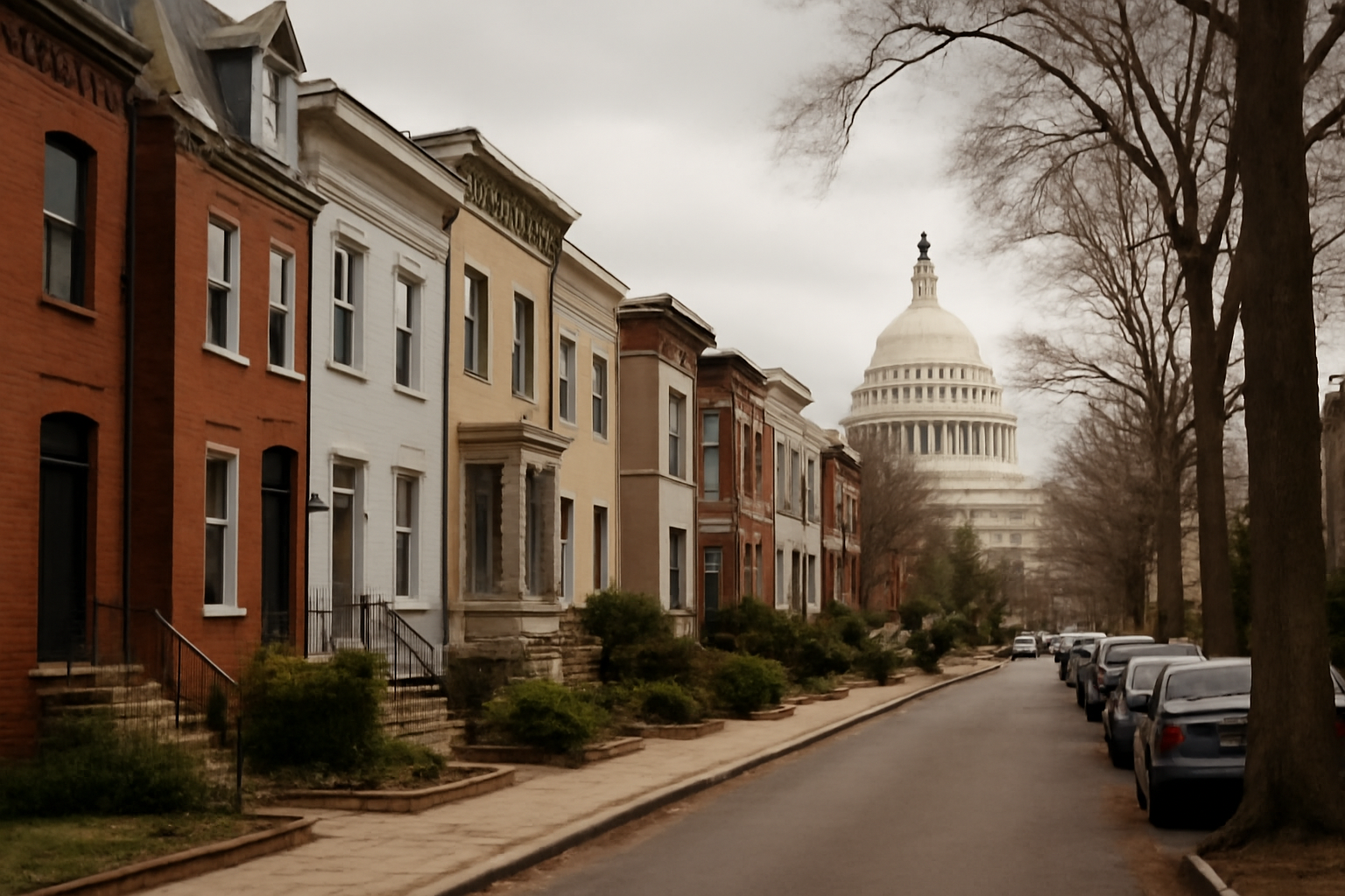 Washington, D.C. rowhouses with the U.S. Capitol dome visible in the background