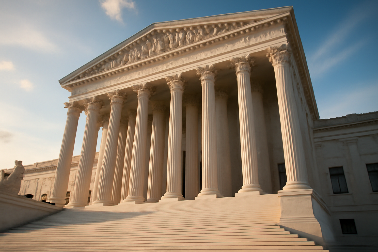 Marble columns and steps of the U.S. Supreme Court building under a clear sky.
