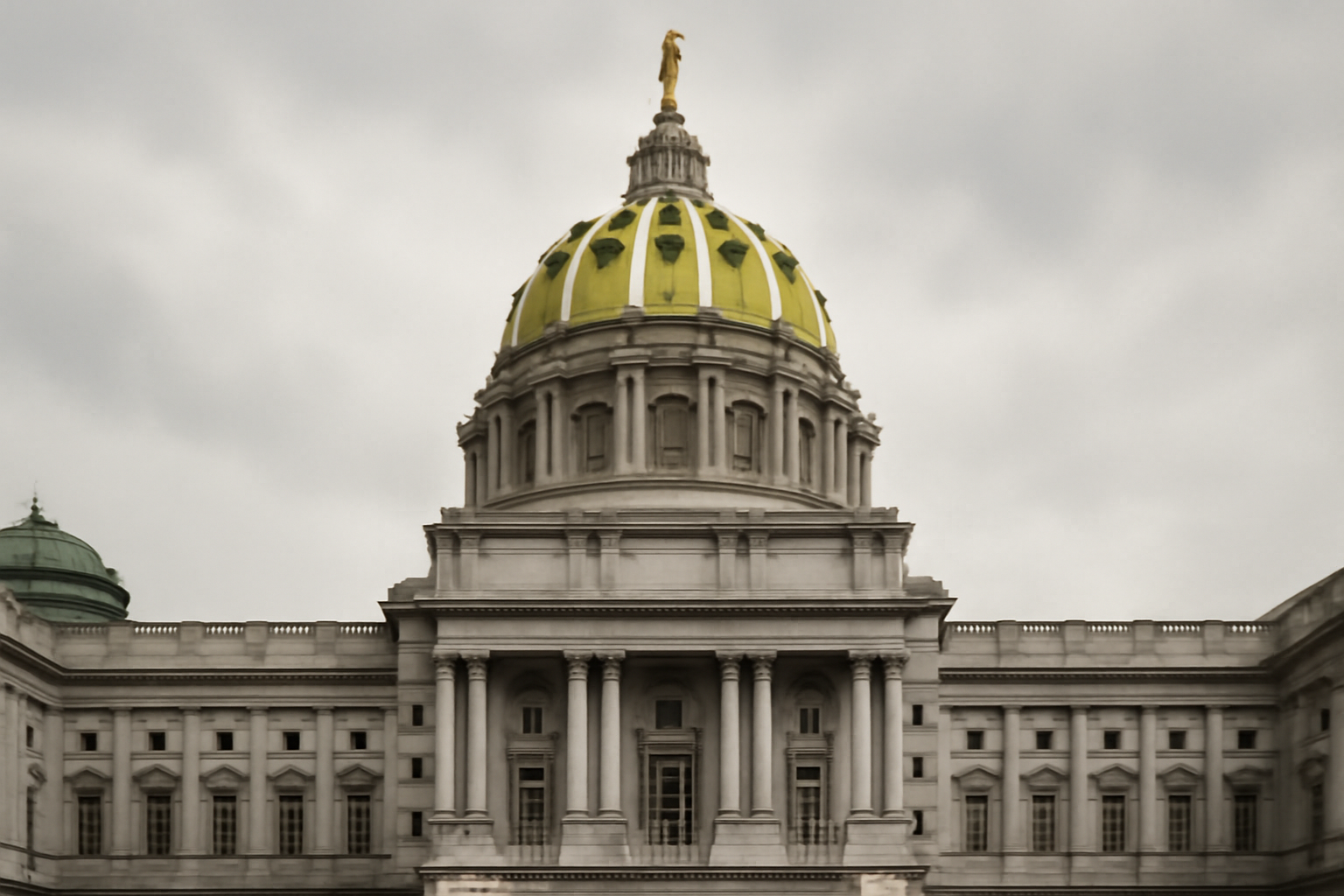 Pennsylvania state capitol dome in Harrisburg under overcast sky