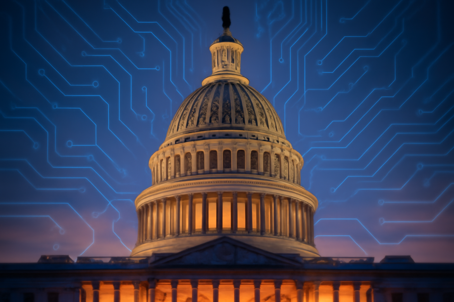 U.S. Capitol building dome photographed at dusk with a faint translucent grid of circuit-board lines overlaid across the sky