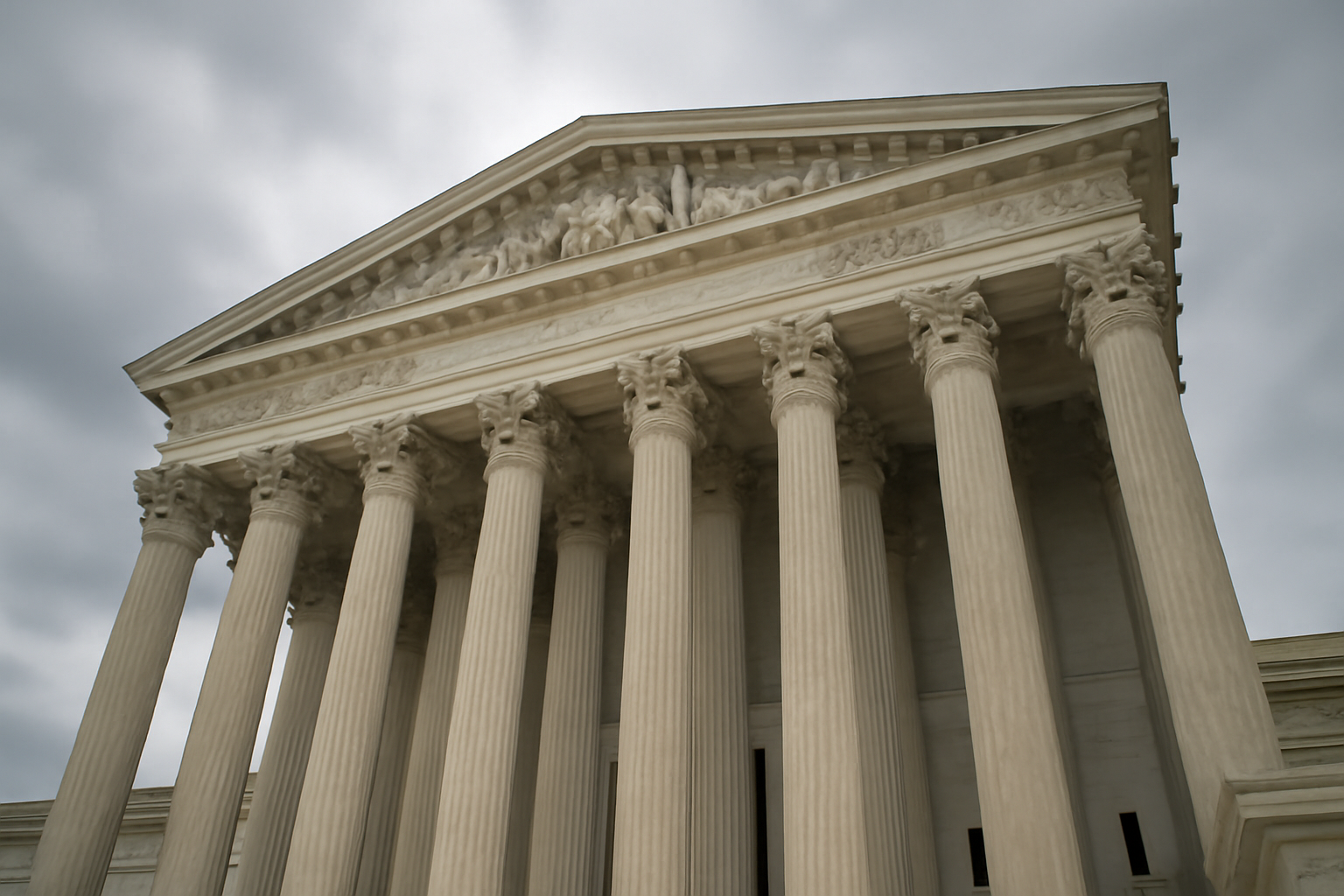 Marble columns of the U.S. Supreme Court building beneath an overcast Washington sky.