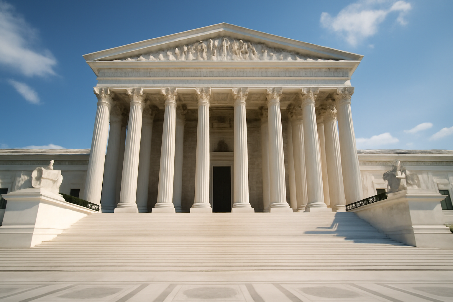 Marble columns of the United States Supreme Court building under a clear sky
