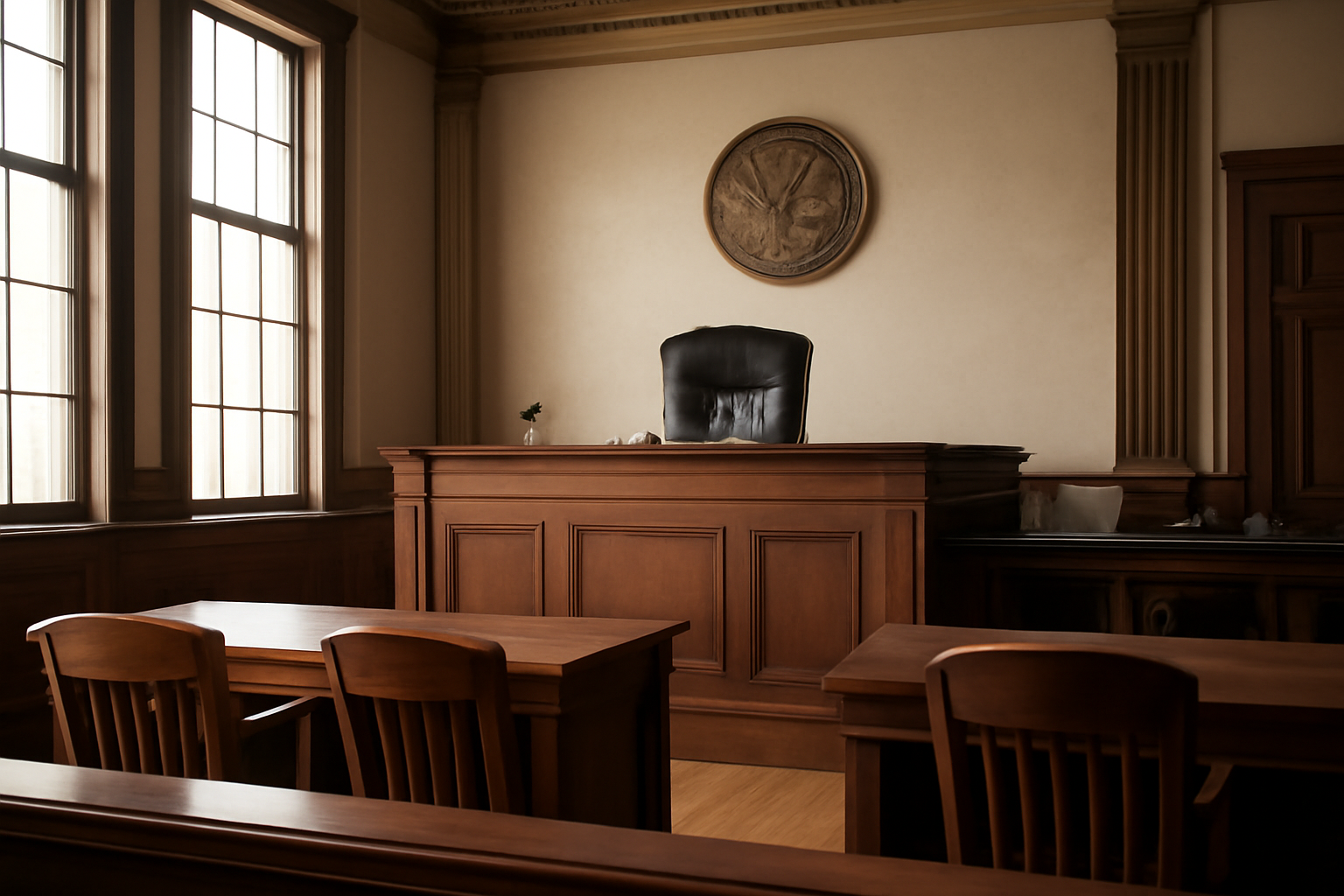 Empty federal courtroom bench with an agency seal on the wall behind it
