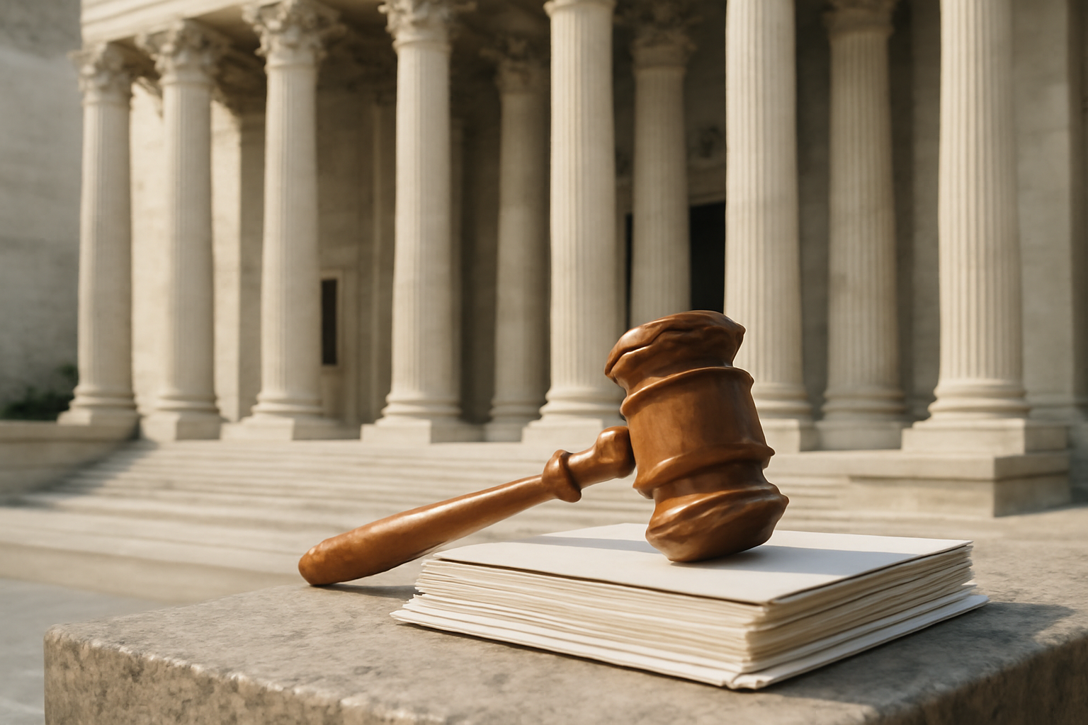 Courthouse columns with a gavel resting on a stack of legal briefs
