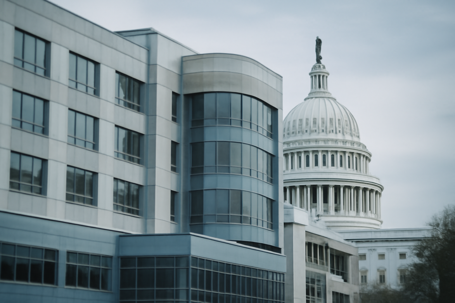 Exterior view of a modern hospital building with the U.S. Capitol dome faintly visible in the background