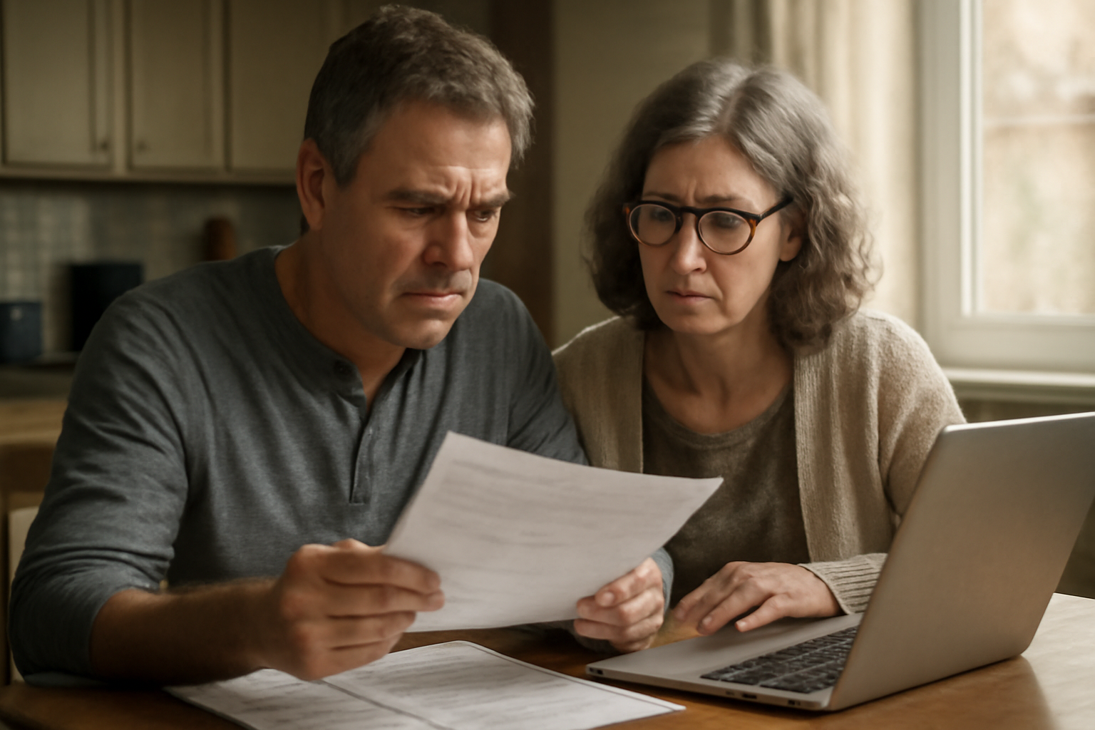A retirement account statement and pen on a home desk beside a laptop
