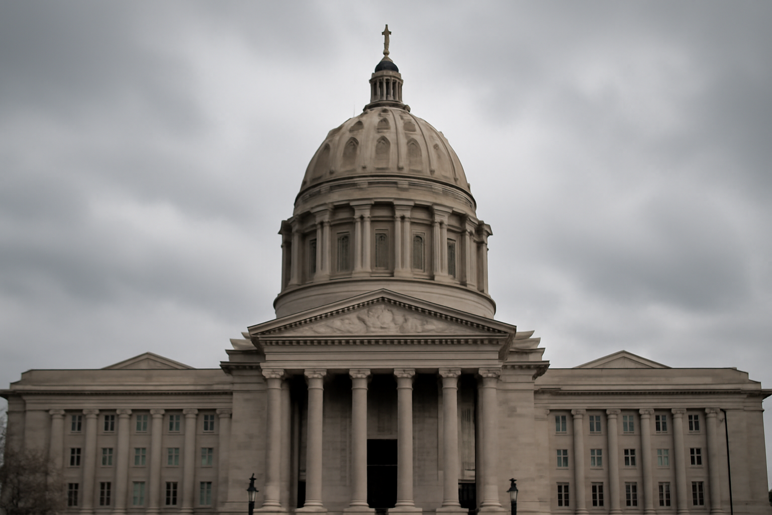 Missouri State Capitol dome in Jefferson City photographed under an overcast sky