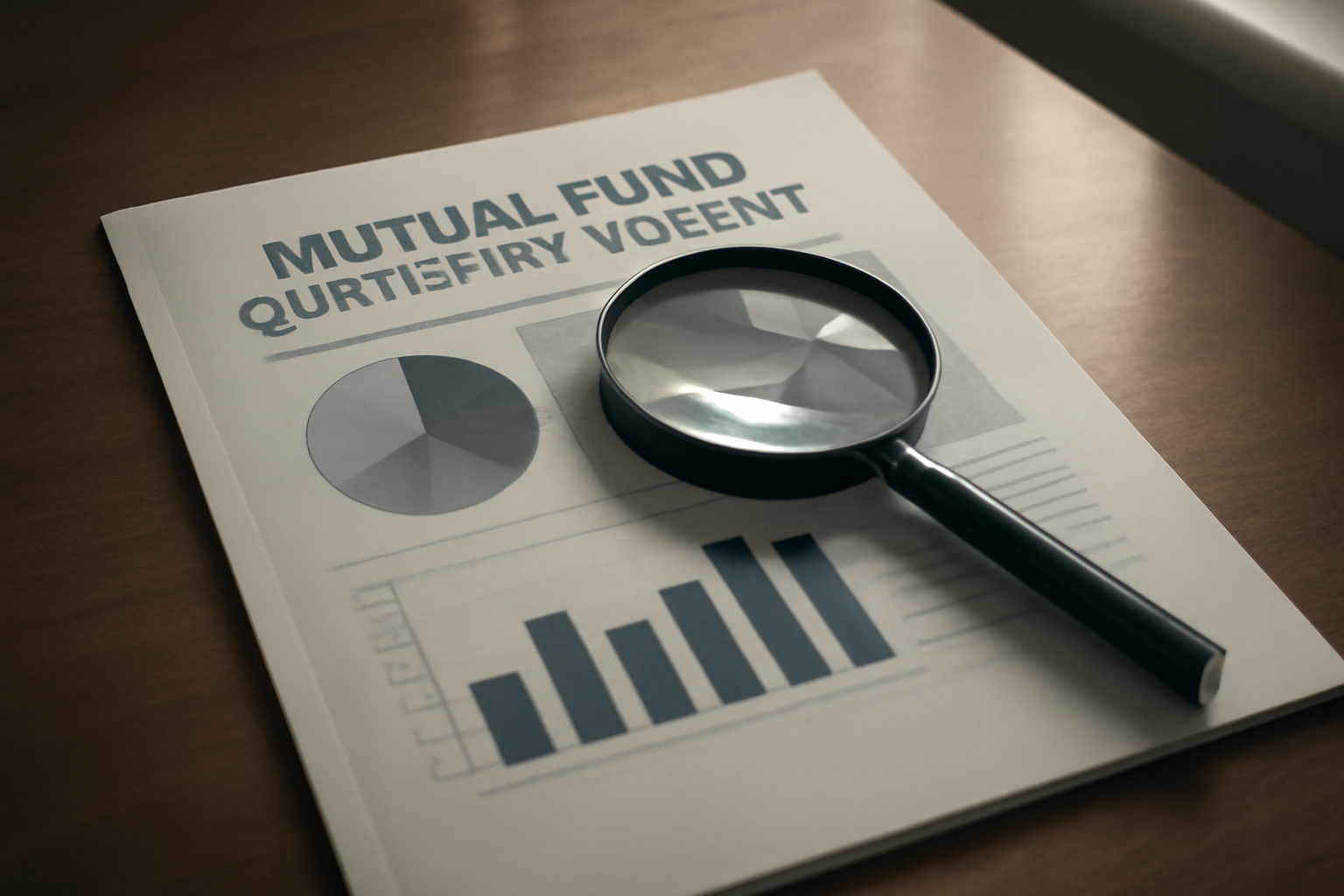 A financial newspaper page showing a mutual fund quarterly report next to a magnifying glass on a wooden desk