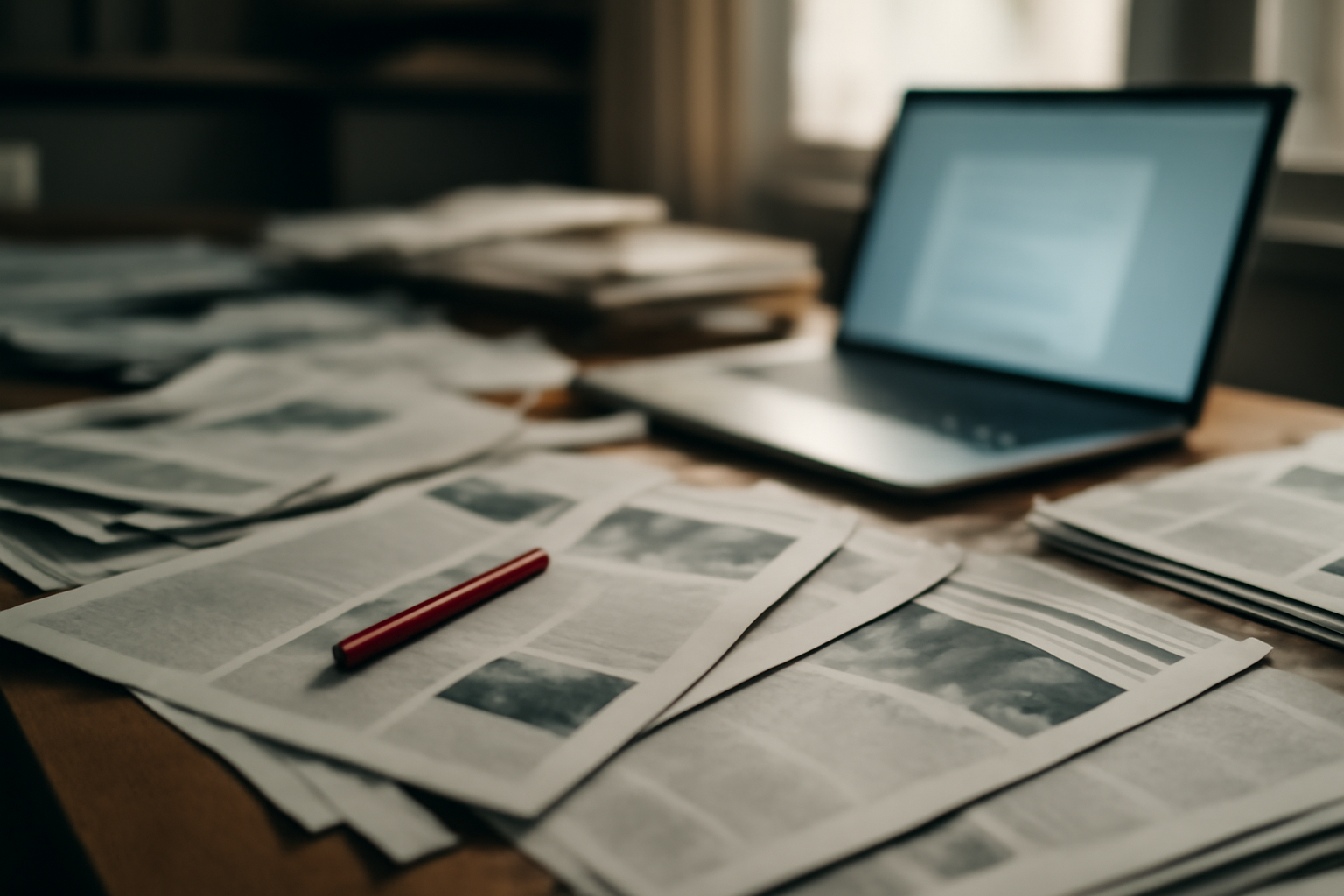 A cluttered newsroom desk with printed news pages, a red editing pen, and a laptop screen glowing under window light