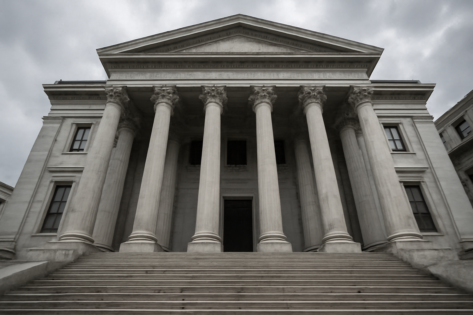 Exterior columns and steps of a marble courthouse building under an overcast sky
