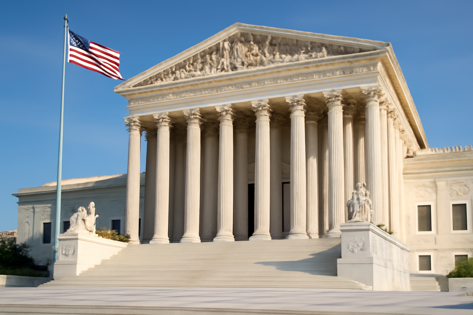 Exterior view of the United States Supreme Court building under a clear sky