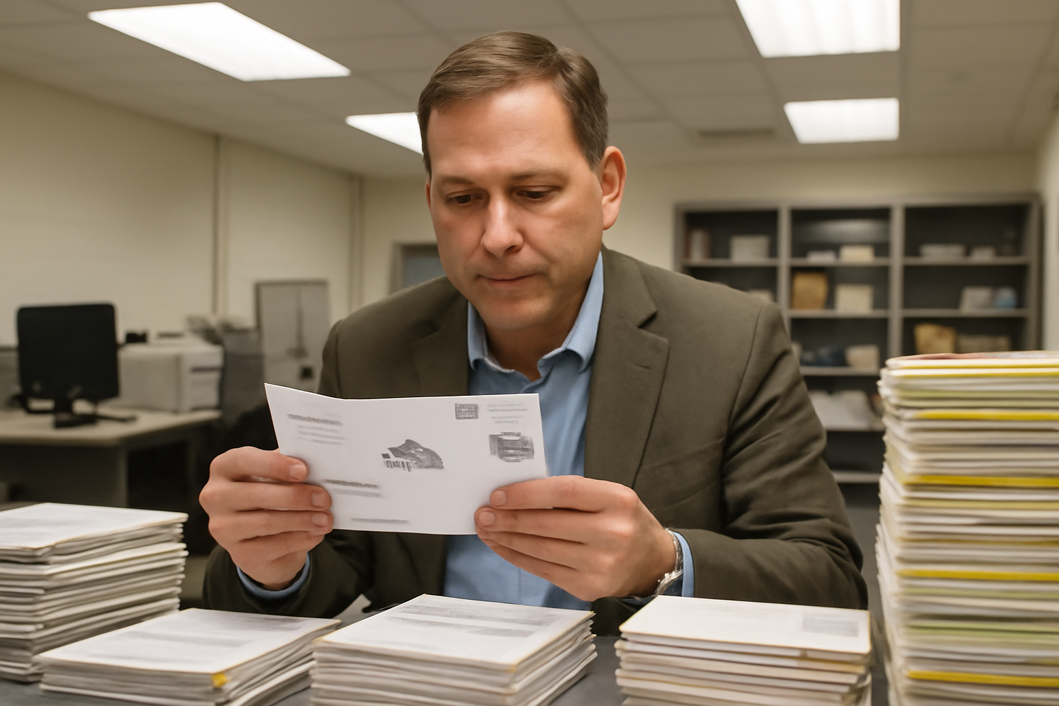 An election official reviews mail ballot envelopes at a sorting table inside a county elections office