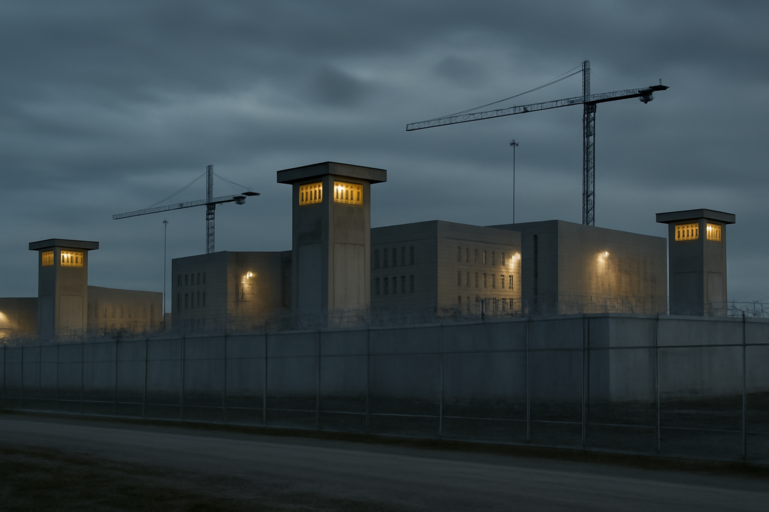 Exterior view of a newly built state correctional facility under construction with security fencing