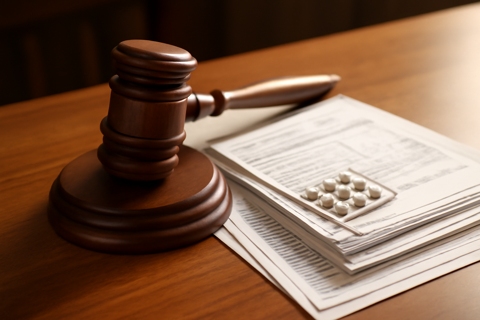 Gavel resting on a stack of pharmaceutical invoices and tax documents