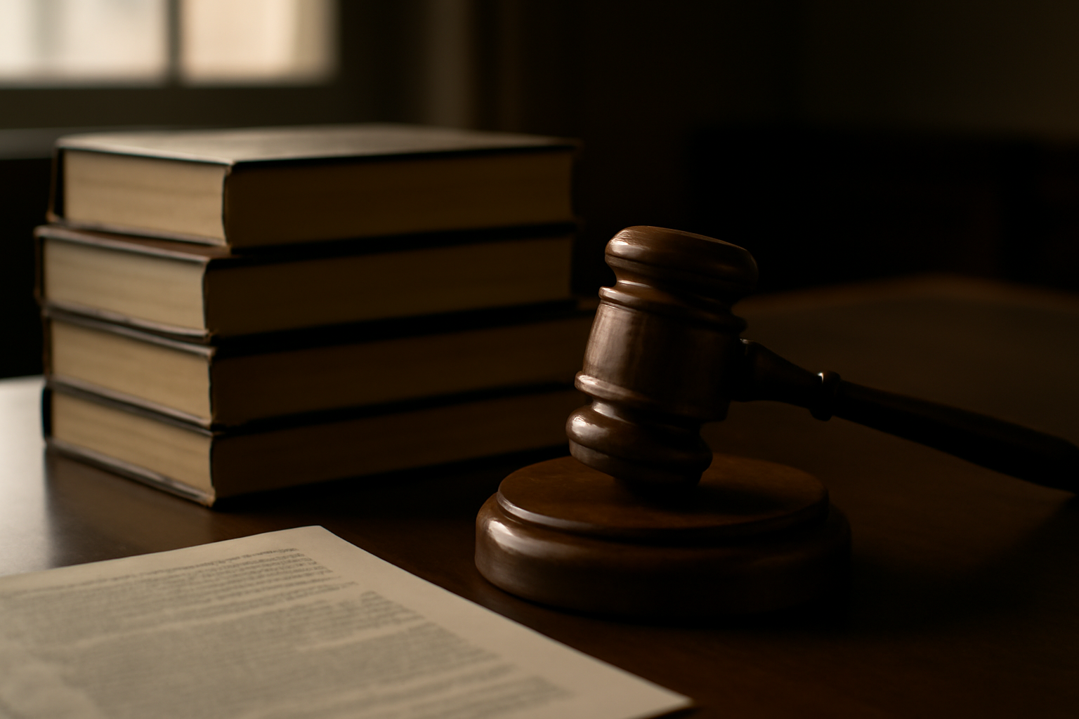 A wooden gavel resting beside a stack of law books and a printed copy of the Second Amendment text on a courtroom desk