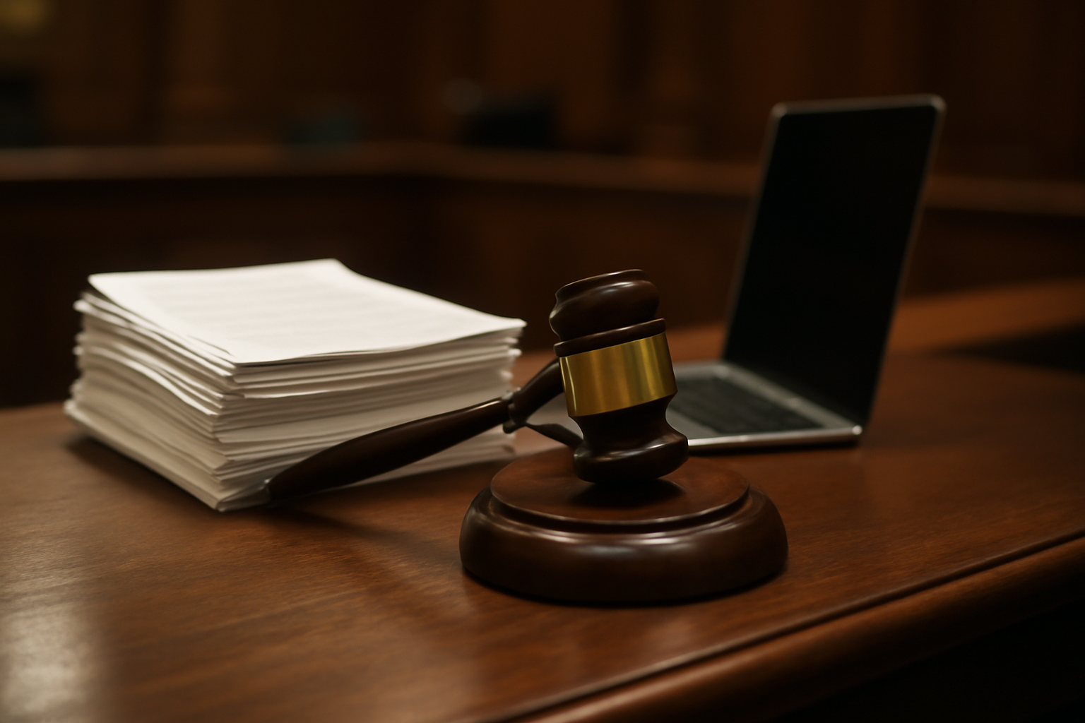 Wooden judge's gavel resting on a stack of formal legal documents beside a laptop showing casual text