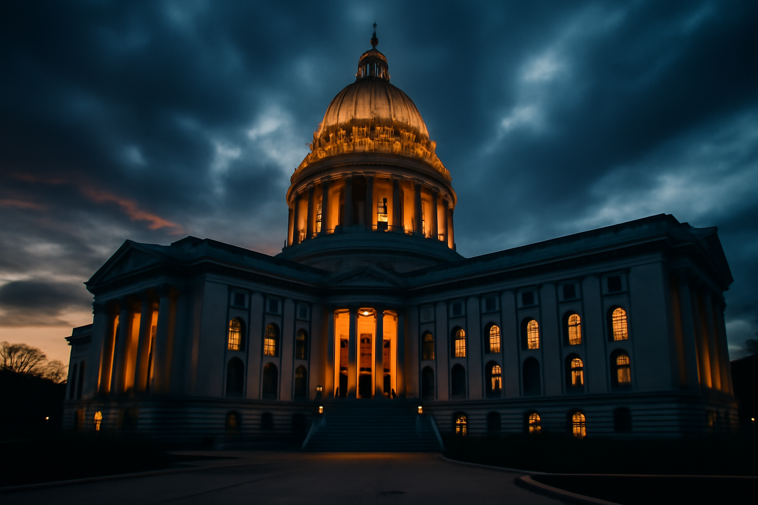 State capitol building at dusk with legislative chamber lights on, symbolizing a state budget debate