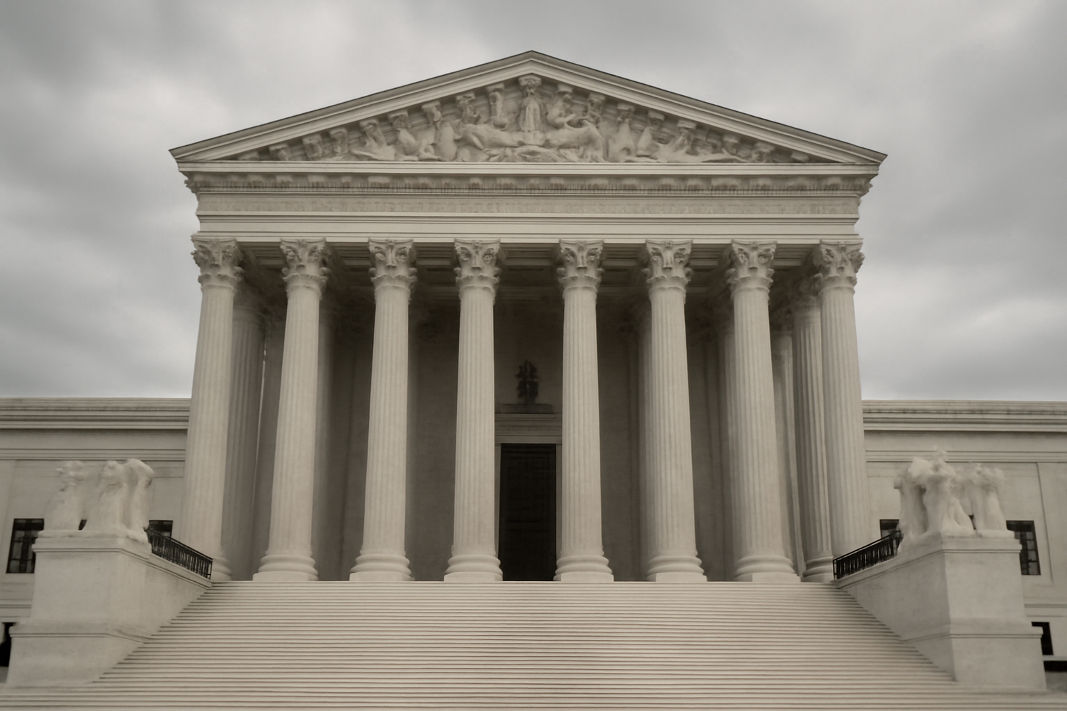The U.S. Supreme Court building facade under an overcast sky, with its marble columns visible in the foreground