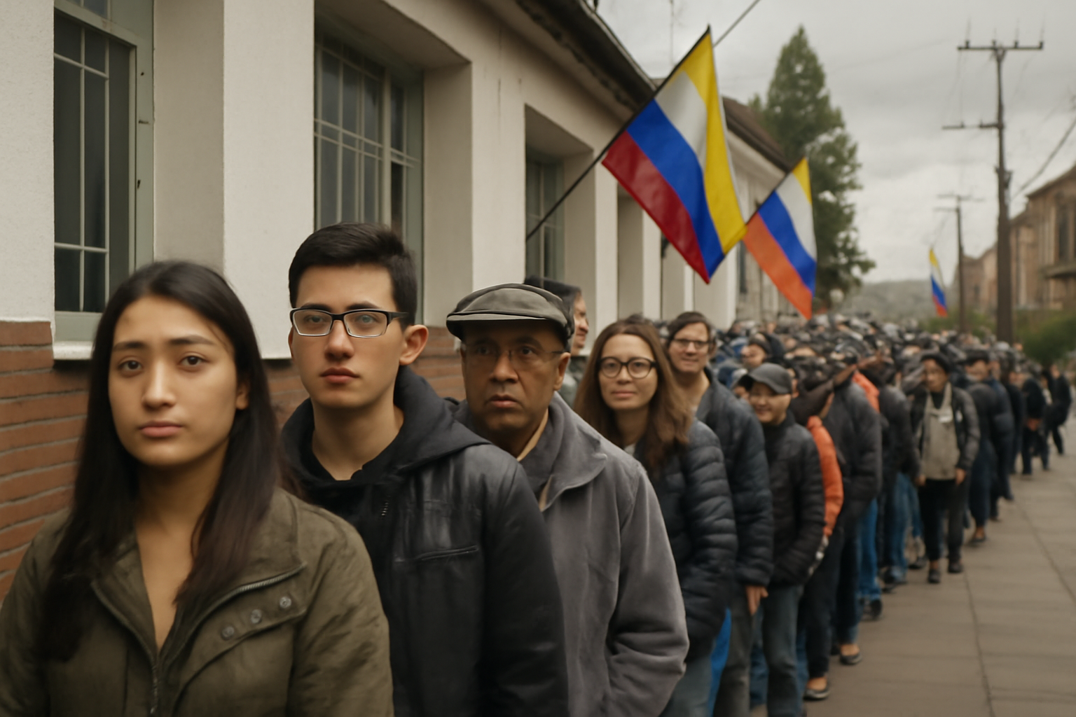 Voters lining up outside a polling station in Bogotá under an overcast sky