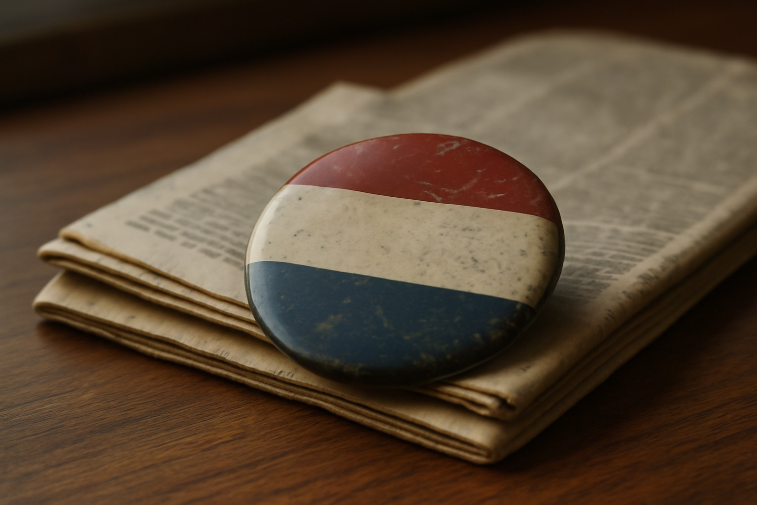 Weathered 1980s campaign button and folded newspaper pages resting on a wooden desk