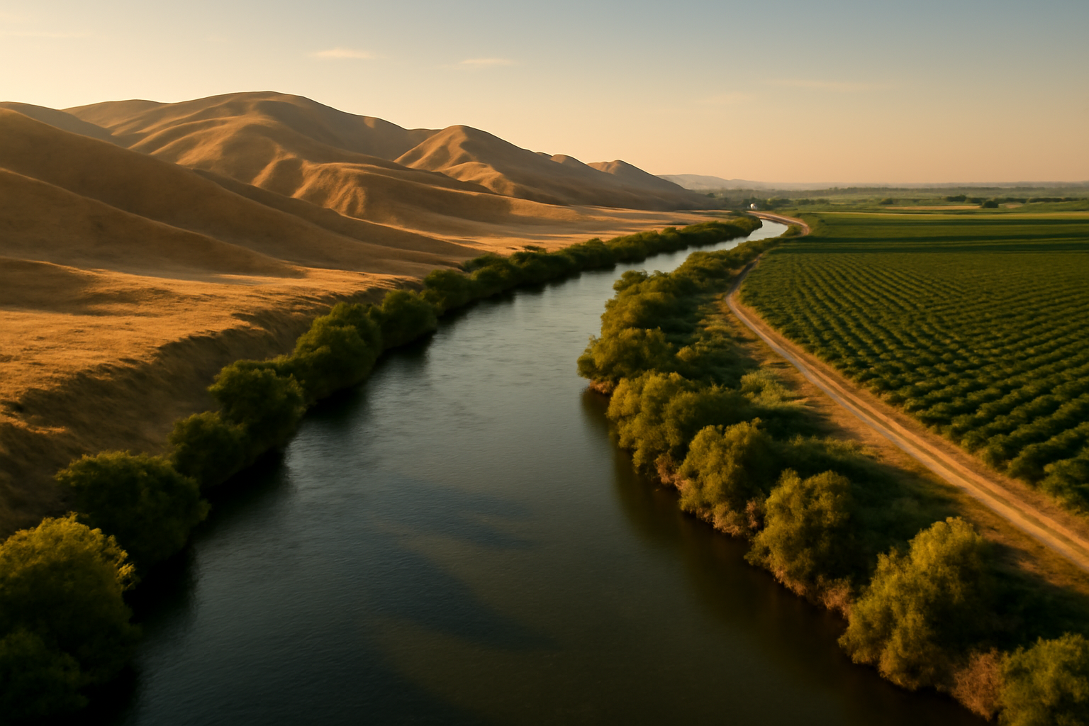 The Kern River flowing through a dry Central Valley landscape near farmland
