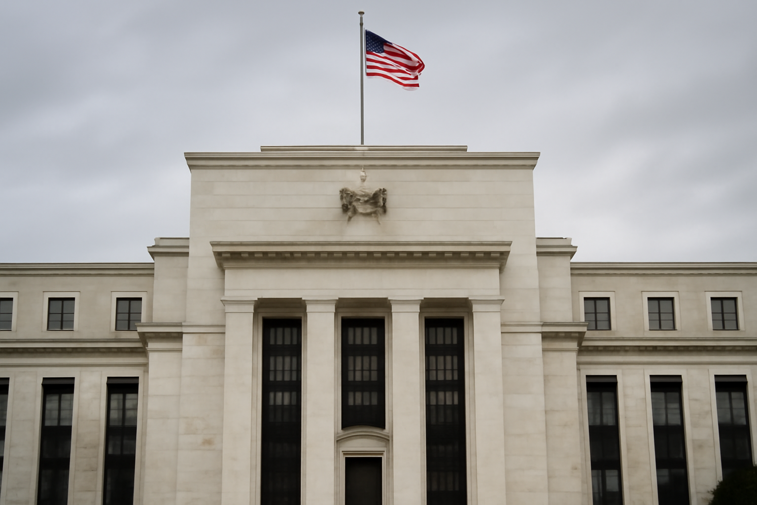 Marble facade of the Federal Reserve building with the American flag flying above the entrance