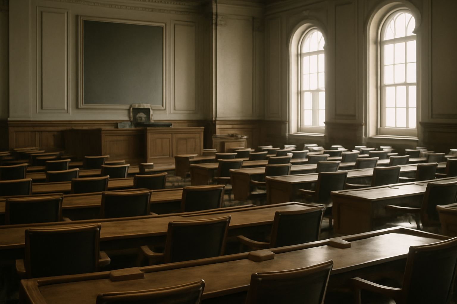 Empty Senate chamber seats facing a podium under soft overhead light
