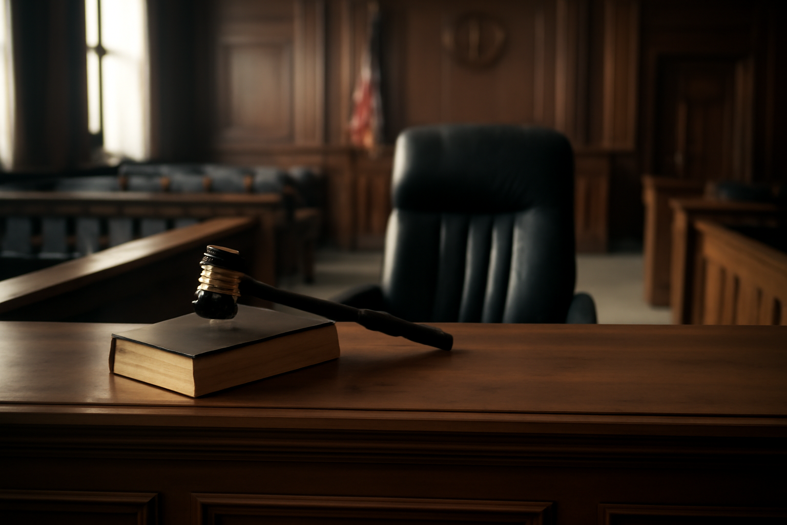 Empty courtroom bench with gavel resting beside an open law book under soft overhead light