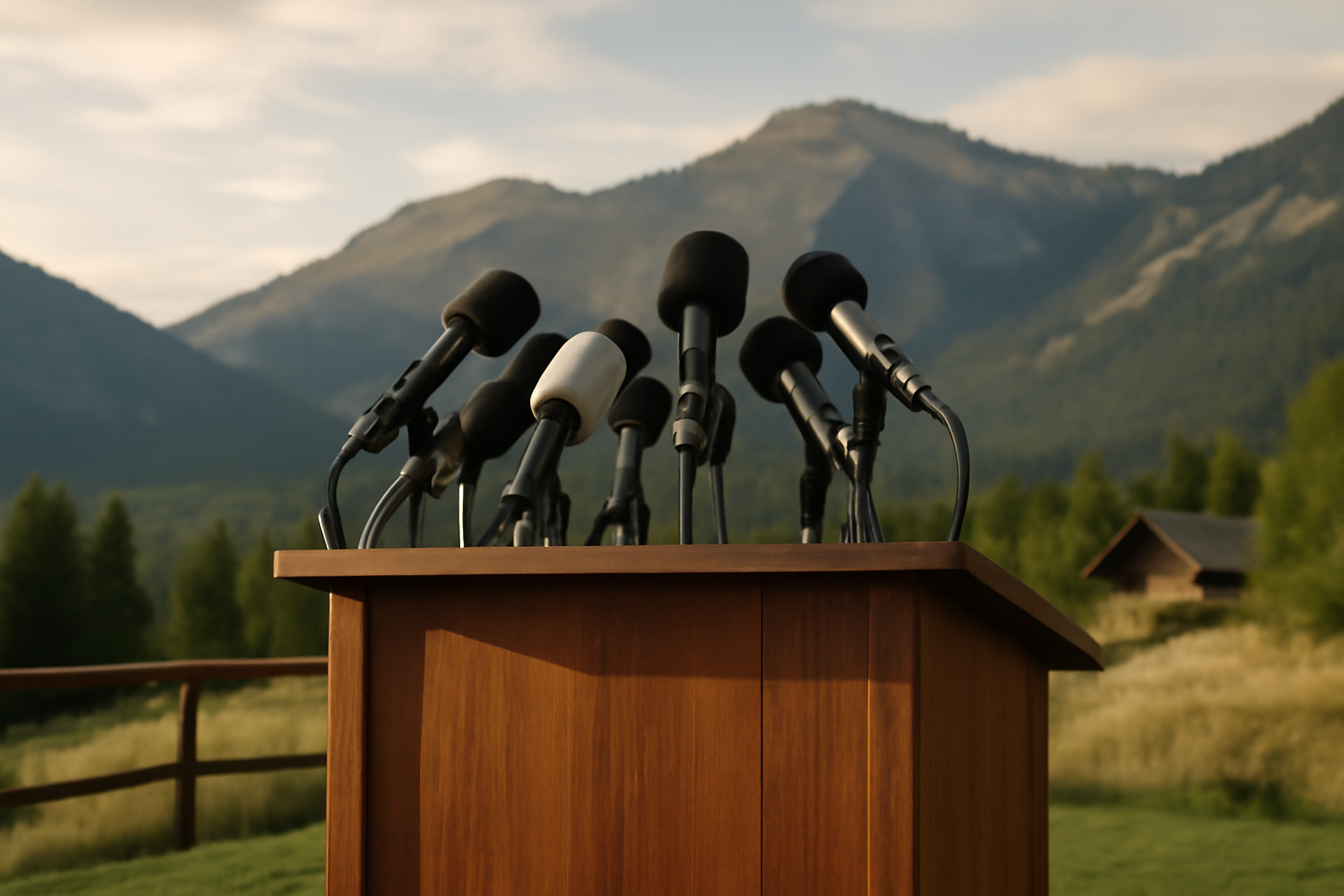 Row of microphones on a podium at an outdoor economic policy conference set against mountains