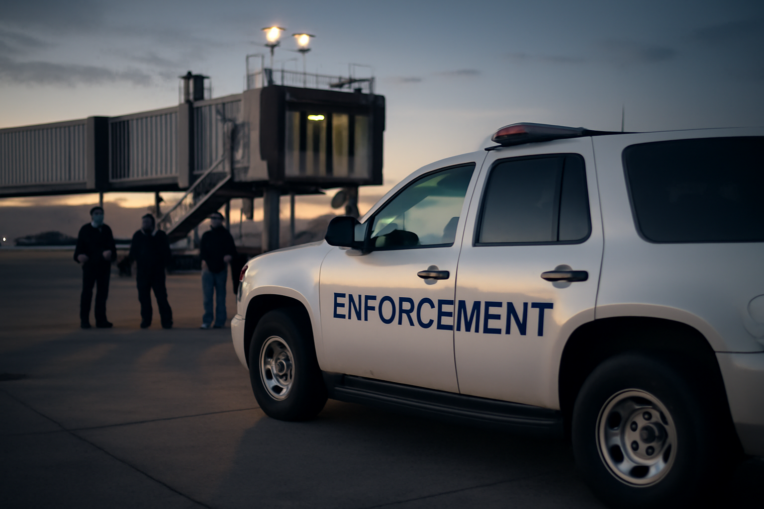 Airport tarmac at dusk with a Department of Homeland Security enforcement vehicle parked near a boarding gate