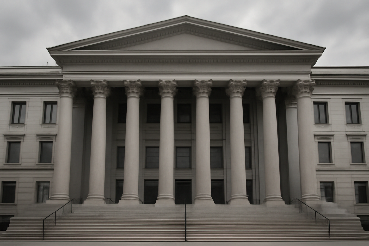 Marble courthouse columns beneath an overcast Washington sky