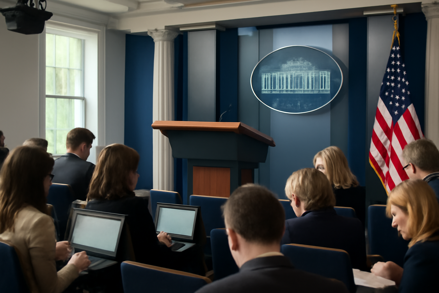 White House press briefing room with reporters seated facing an empty podium