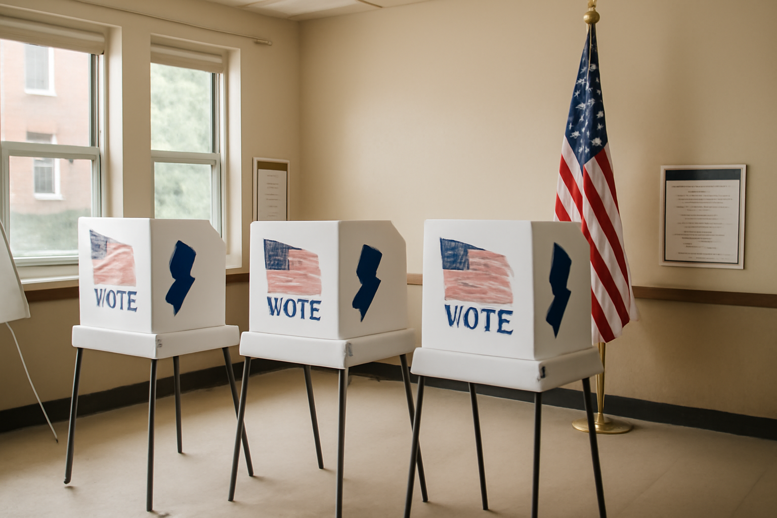 New Jersey polling place with voting booths and an American flag