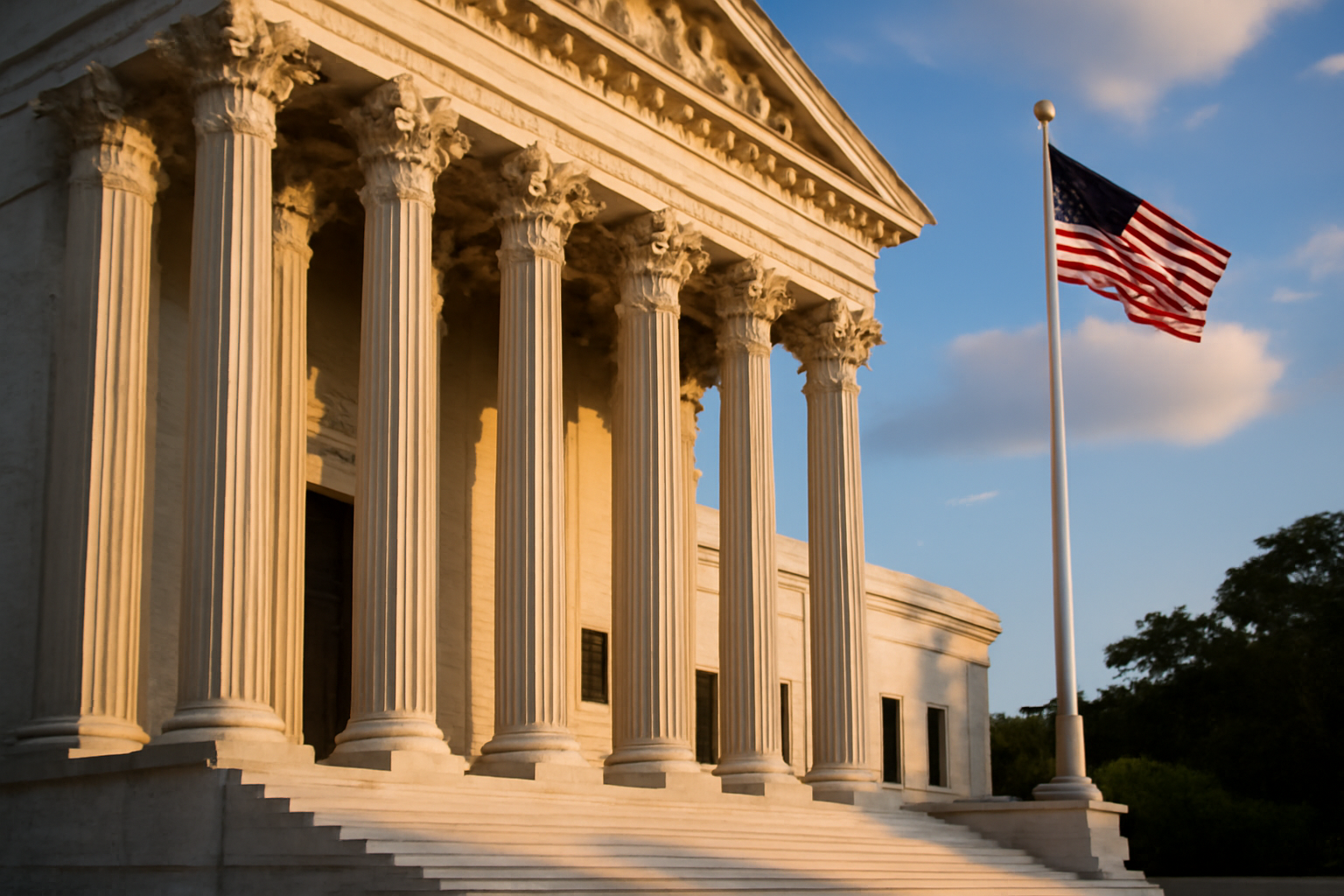 Exterior view of a state supreme court building with marble columns under afternoon light