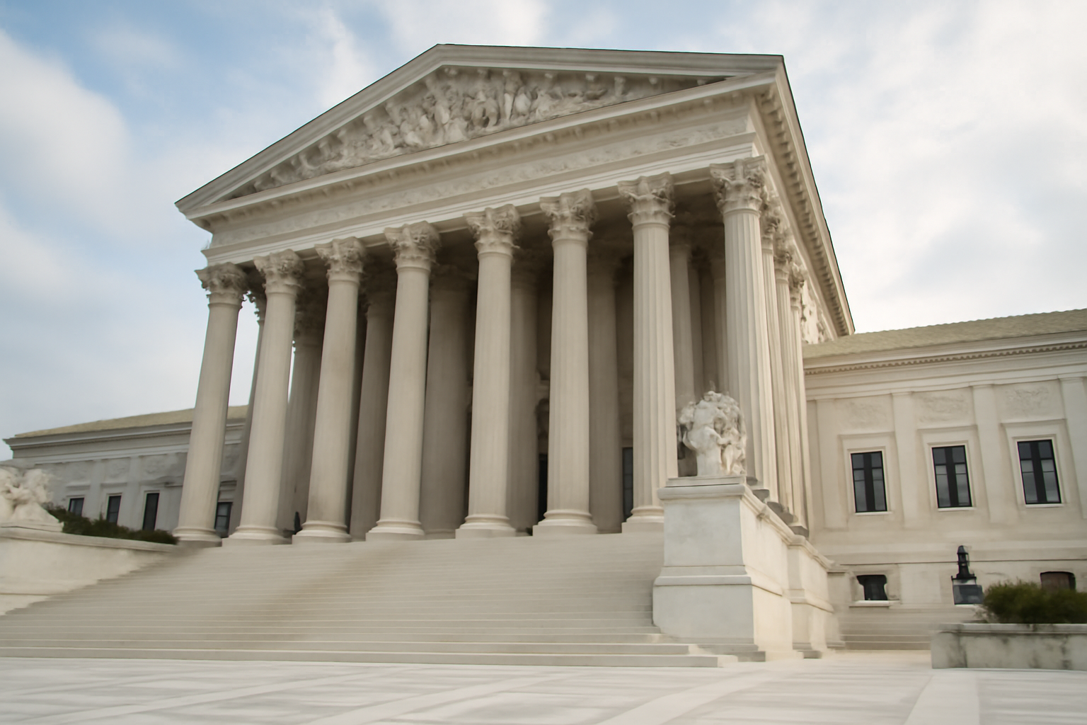 Marble columns of the U.S. Supreme Court building against a clear sky
