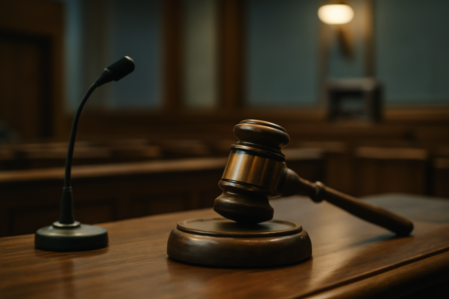 Courtroom gavel and microphone on a wooden desk under soft overhead light