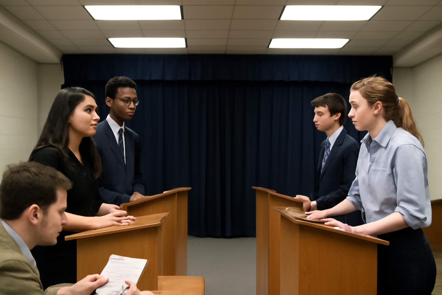 High school debate students at podiums during a policy debate round