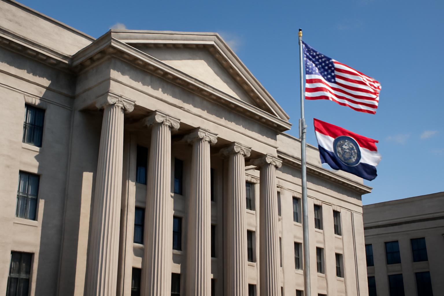 Exterior of a federal courthouse building with an American flag and Missouri state flag flying nearby