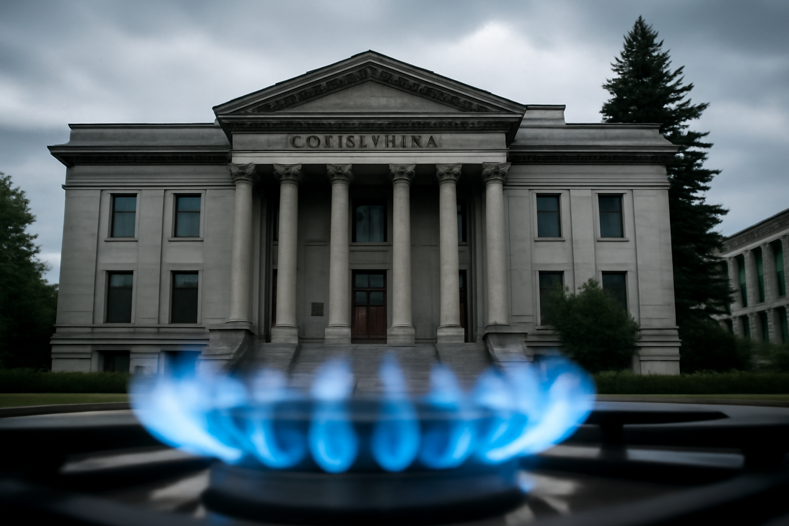 Washington state courthouse exterior under overcast sky with a blurred gas stove flame in the foreground
